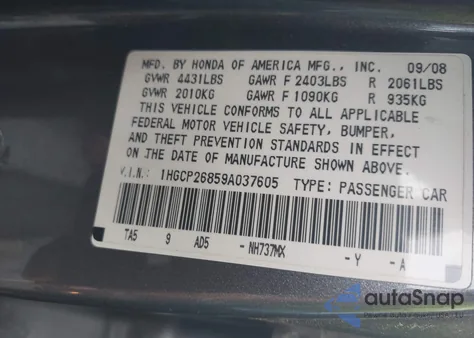 2009 Honda Accord 2.4 Ex-L из США, поврежденный, VIN 1HGCP26859A037605